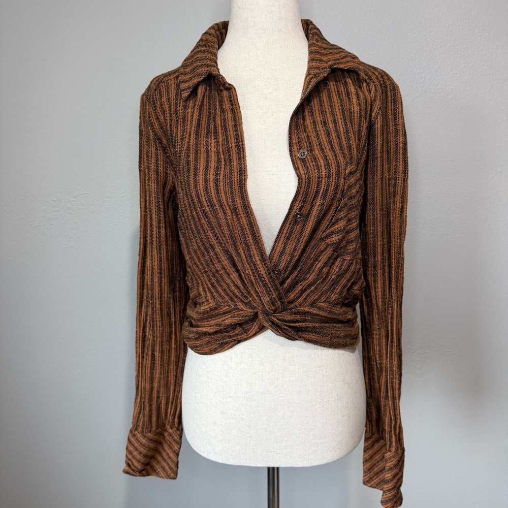 Free People Rust and Black Striped Button Down Shirt - Picture 2 of 6
